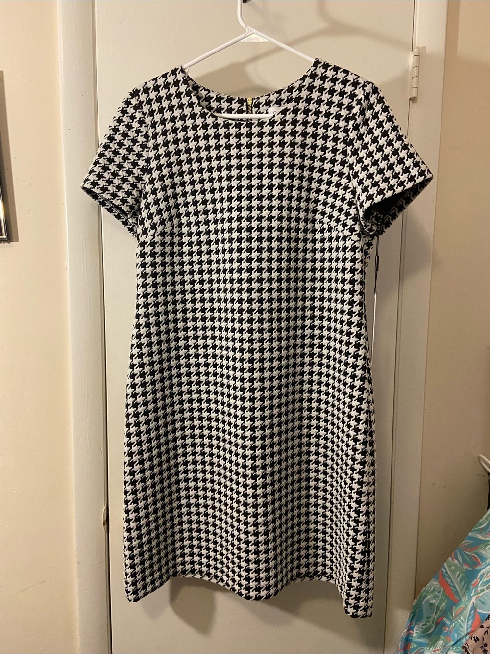 Calvin Klein Black & White Houndstooth A-Line Midi Dress